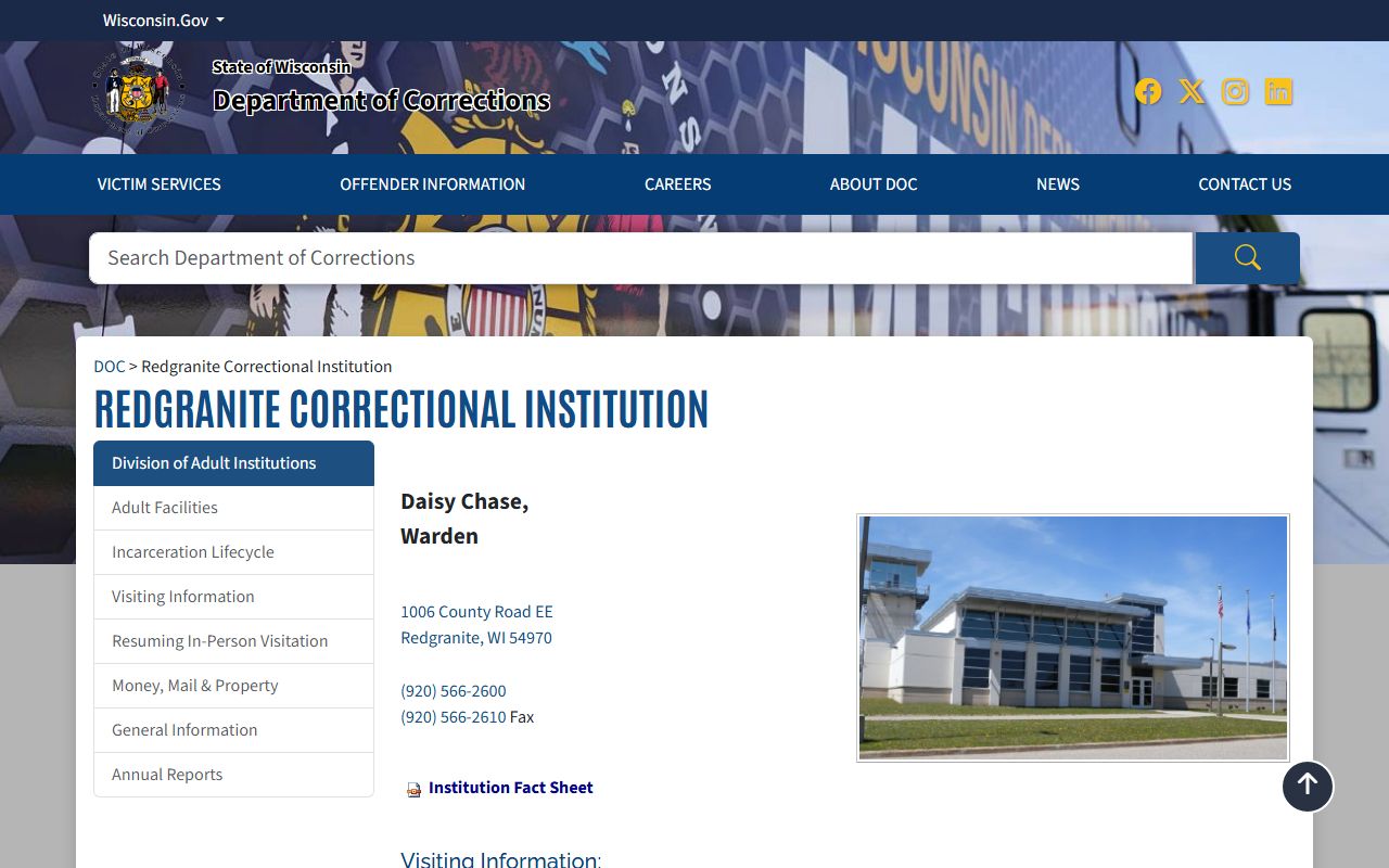 Redgranite Correctional Institution inmate lookup and DOC facility page